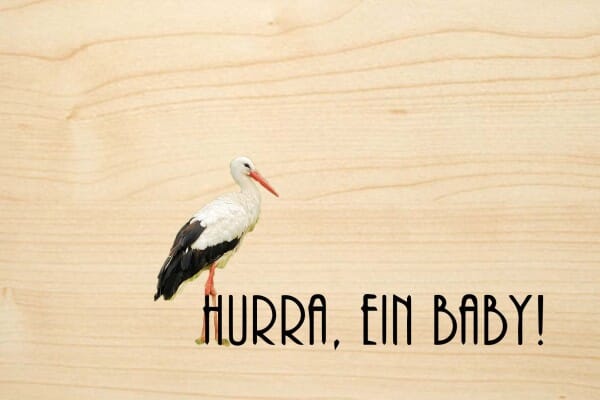 Holzgrusskarte - Geburt - Hurray, ein Baby! Farbiger Storch ist abgebildet
