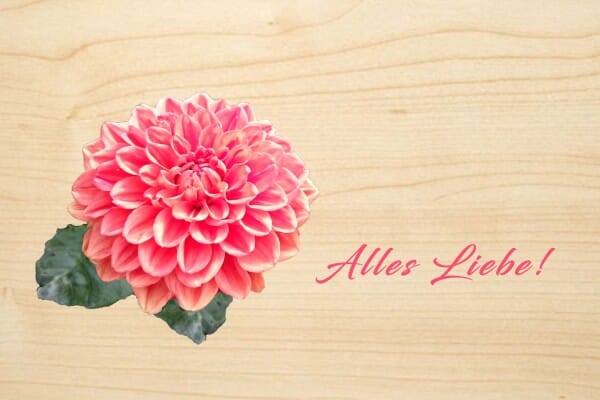 Holzgrusskarte - Hochzeit - Alles Liebe ! Rosafarbene Blume abgebildet.